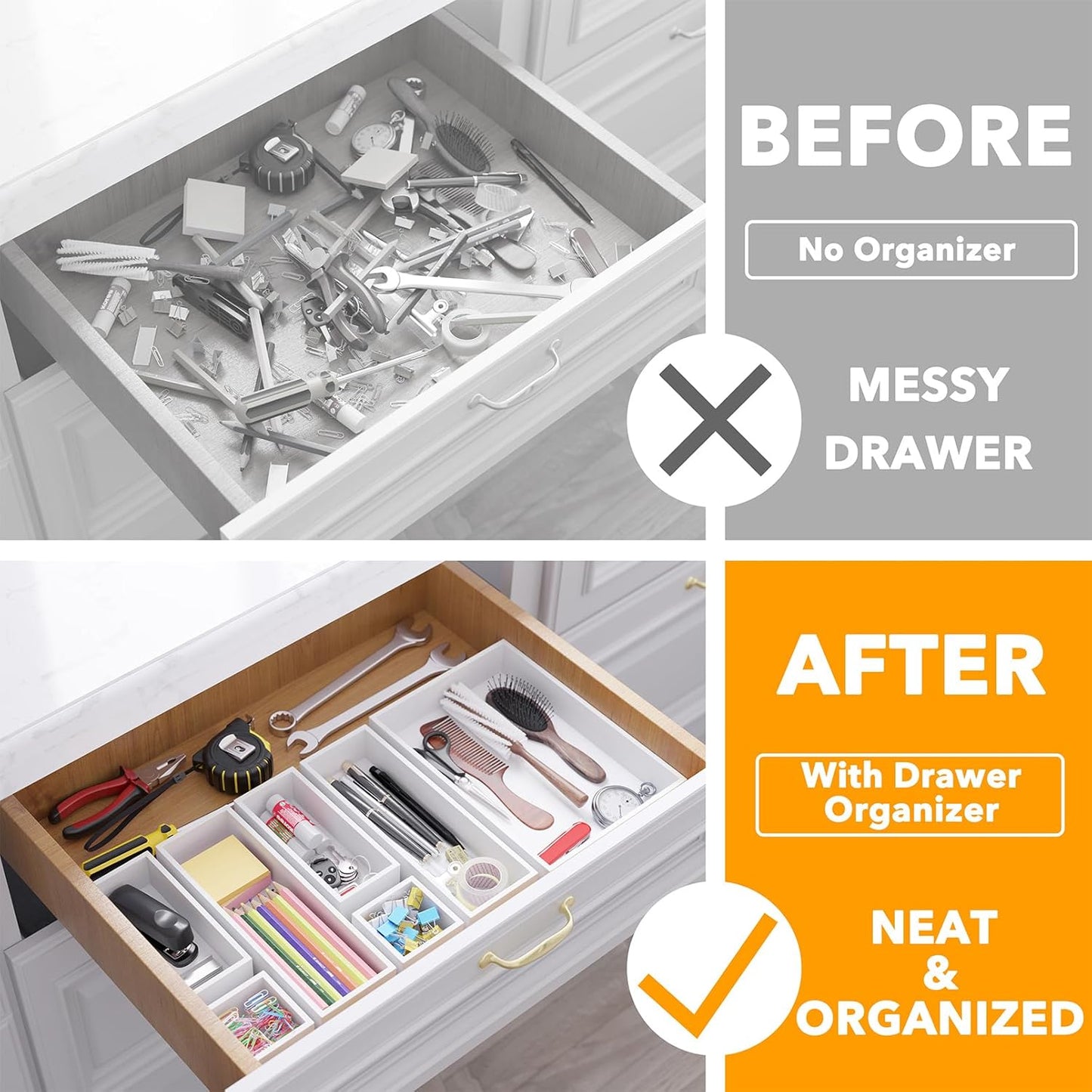 SpaceAid 7-Piece Bamboo Drawer Organizer Storage Boxes Set, Wood Tray Junk Drawer Organizers Multi-Use Divider Bins for Kitchen, Bathroom, Office Desk and Makeup Organization (7 Pack, Natural)