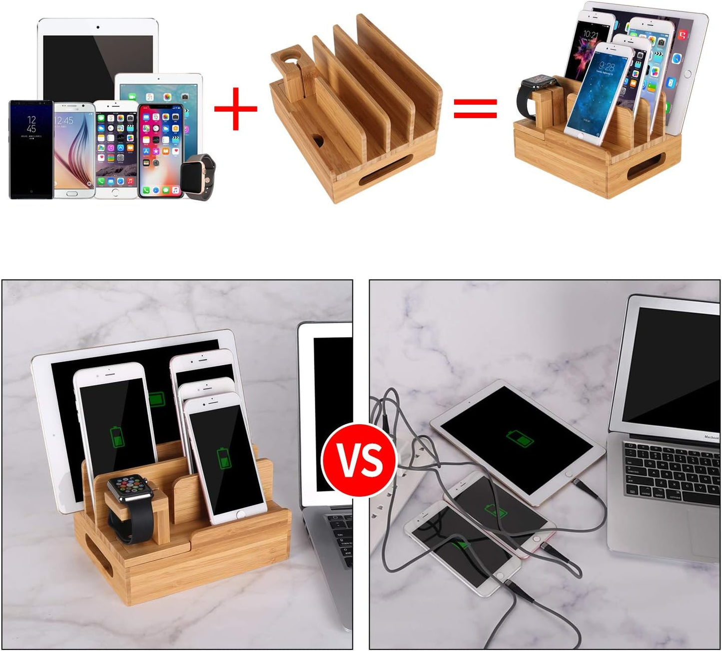 Bamboo Wood Multi-Device Desktop Dock Station Charger Holder Charging Cradle Charge Stand Compatible for iPhone 16 15 14 13 12 11 Pro Max XS XR X iPad 3 4 Mini Pro Air Samsung Huawei Smartphones