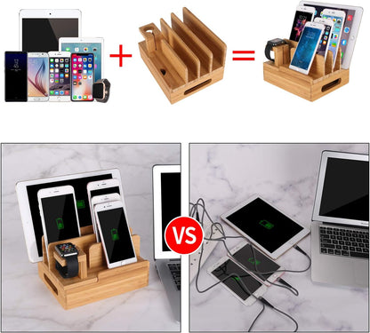 Bamboo Wood Multi-Device Desktop Dock Station Charger Holder Charging Cradle Charge Stand Compatible for iPhone 16 15 14 13 12 11 Pro Max XS XR X iPad 3 4 Mini Pro Air Samsung Huawei Smartphones