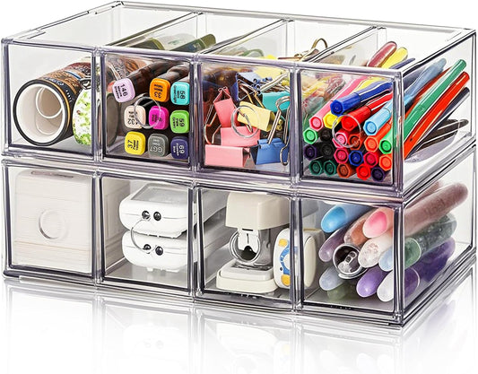 2 Pack Acrylic Storage Drawer Organizer, Dustproof Pen and Marker Storage Organizer for Desk, Clear Makeup Drawer Organizers with 8 Drawers for Art Crafts, Marker, Countertop