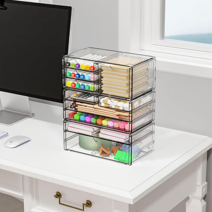 Yieach 2 Pack Acrylic Storage Drawers With 6 Drawers,Stackable Desk Organizer and Makeup Organizer,Large Clear Office Supplies Organizer for Pen,Stationary,Palettes,Arts Craft Organizers and Storage