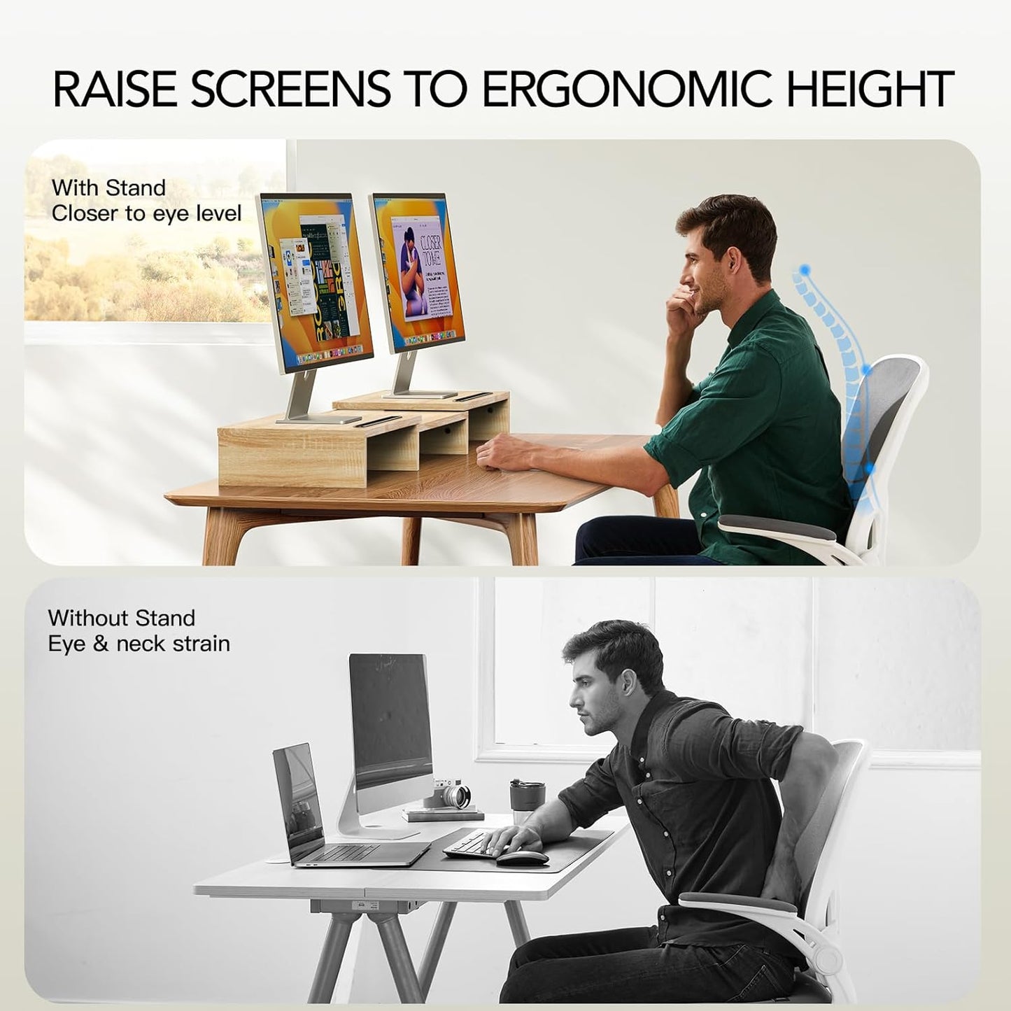 AMERIERGO Dual Monitor Stand Riser for 2 Monitors, Monitor Stand for Desk, Adjustable Computer Monitor Stand with 2 Slot, Multifunctional Desktop Organizer Stand for Laptop, PC, Computer, Printer
