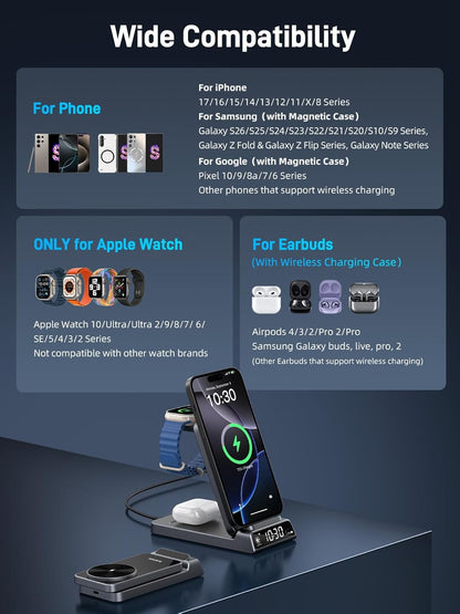 3 in 1 Charging Station for Apple, ELECDOV Magnetic Charger for iPhone, Foldable Wireless Charger with Clock, Travel Watch Charger Stand for iPhone 17/Air/16/15 Series, iWatch 10/AirPods 4 (Grey)