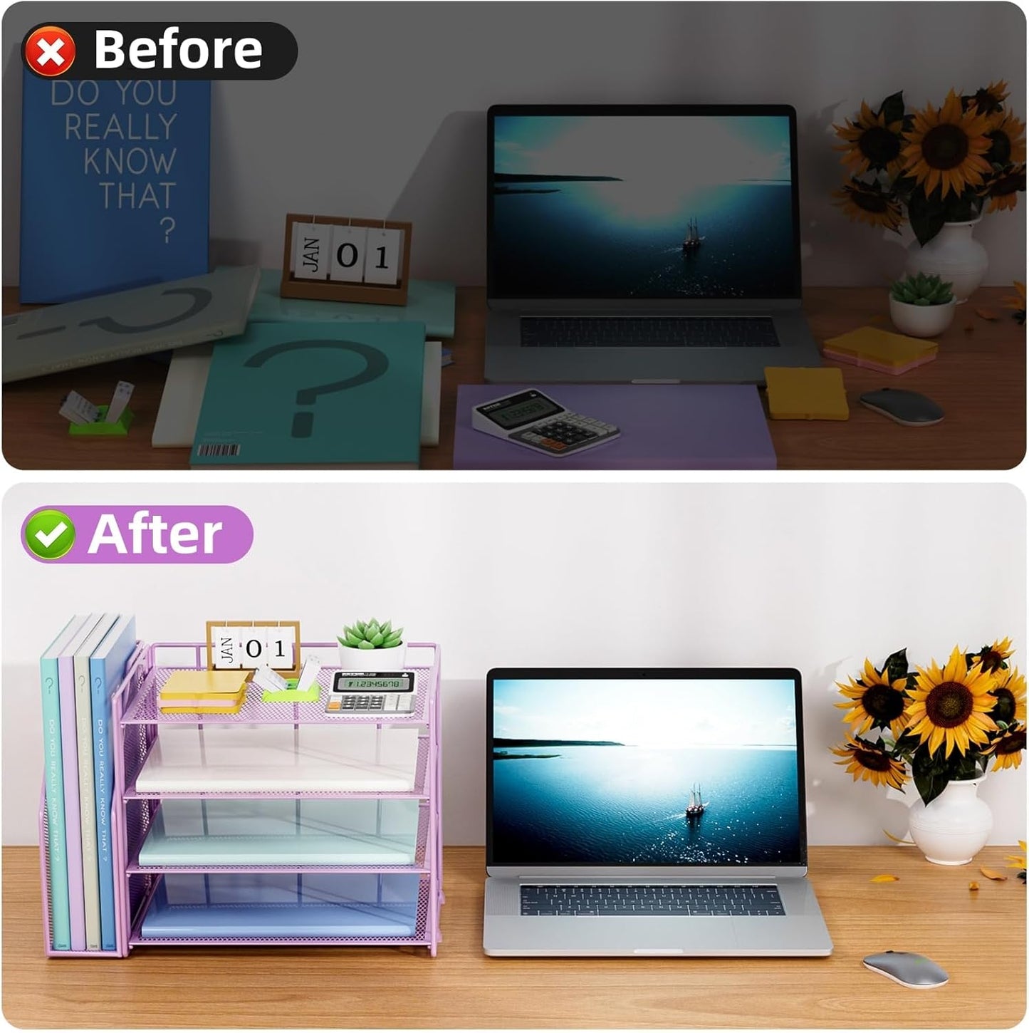 Marbrasse Desk Organizer and Accessories，4-Tier Paper Letter Tray Organizer with File Holder，Desk Accessories & Workspace Desktop Organizers for School Home Office Supplies (Blue)