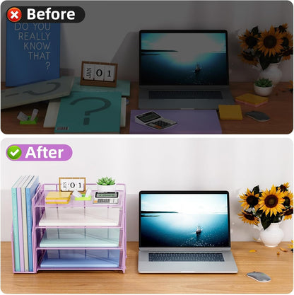 Marbrasse Desk Organizer and Accessories，4-Tier Paper Letter Tray Organizer with File Holder，Desk Accessories & Workspace Desktop Organizers for School Home Office Supplies (Blue)