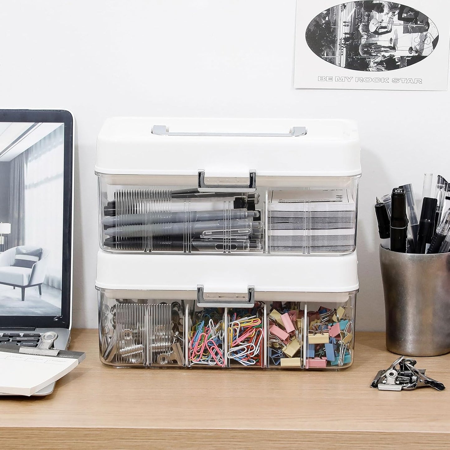 Large Cable Organizer Box with Lid, Plastic Cord Storage Case with Handle and Wire Ties for Home Office, Phone Charger, Art Crafts, Stationery