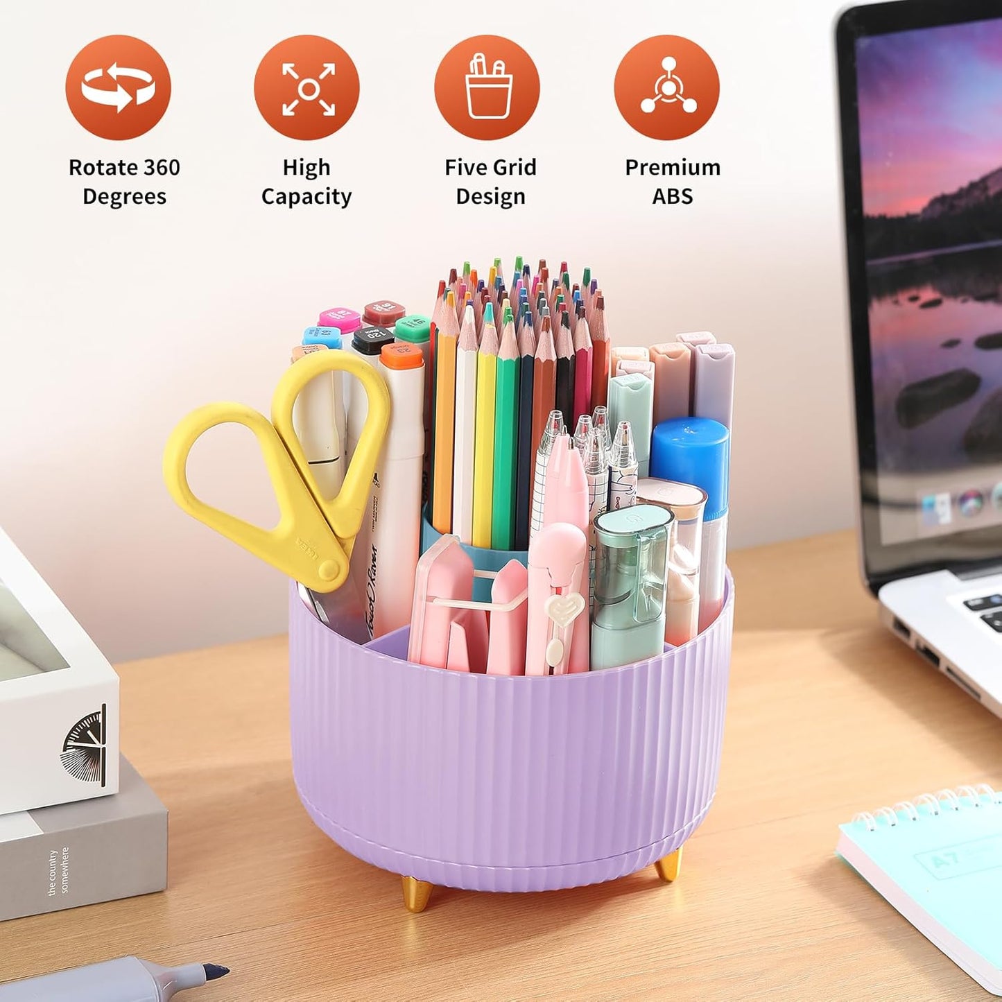 Desk Pencil Pen Holder, 5 Slots 360°Degree Rotating Pen Organizers for Desk, Desktop Storage Stationery Supplies Organizer, Cute Pencil Cup Pot for Office, School, Home, Art Supply, Dark Green