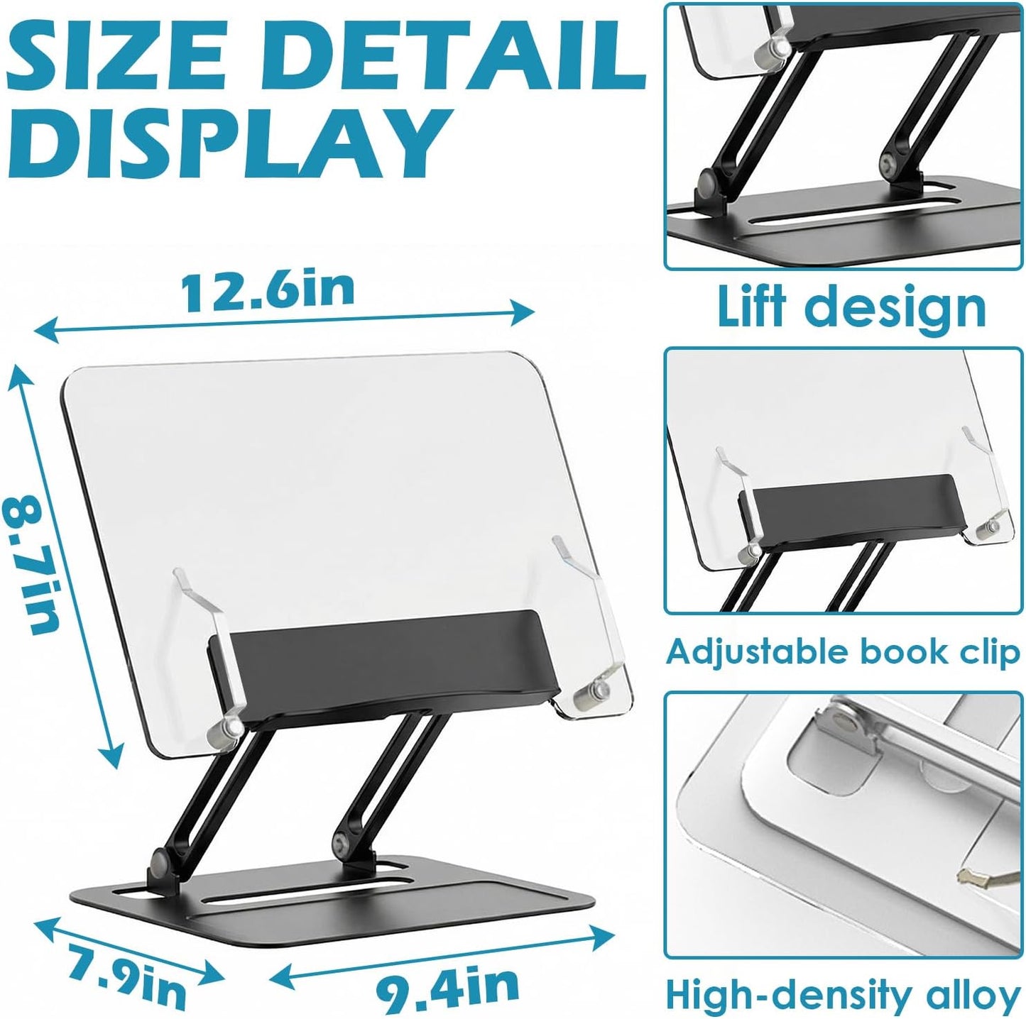 Acrylic Adjustable Book Stand, Reading Stand with Lift Design, High-Density Alloy Desktop Document Holder for Document Recipe, Cookbook, Music Book (Silver)