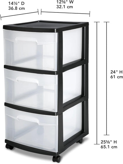 3-Drawer Storage Tower with Removable Clear Plastic Bins, Tool-Free Assembly, Multiple Sizes for Home Office (15.7"W)