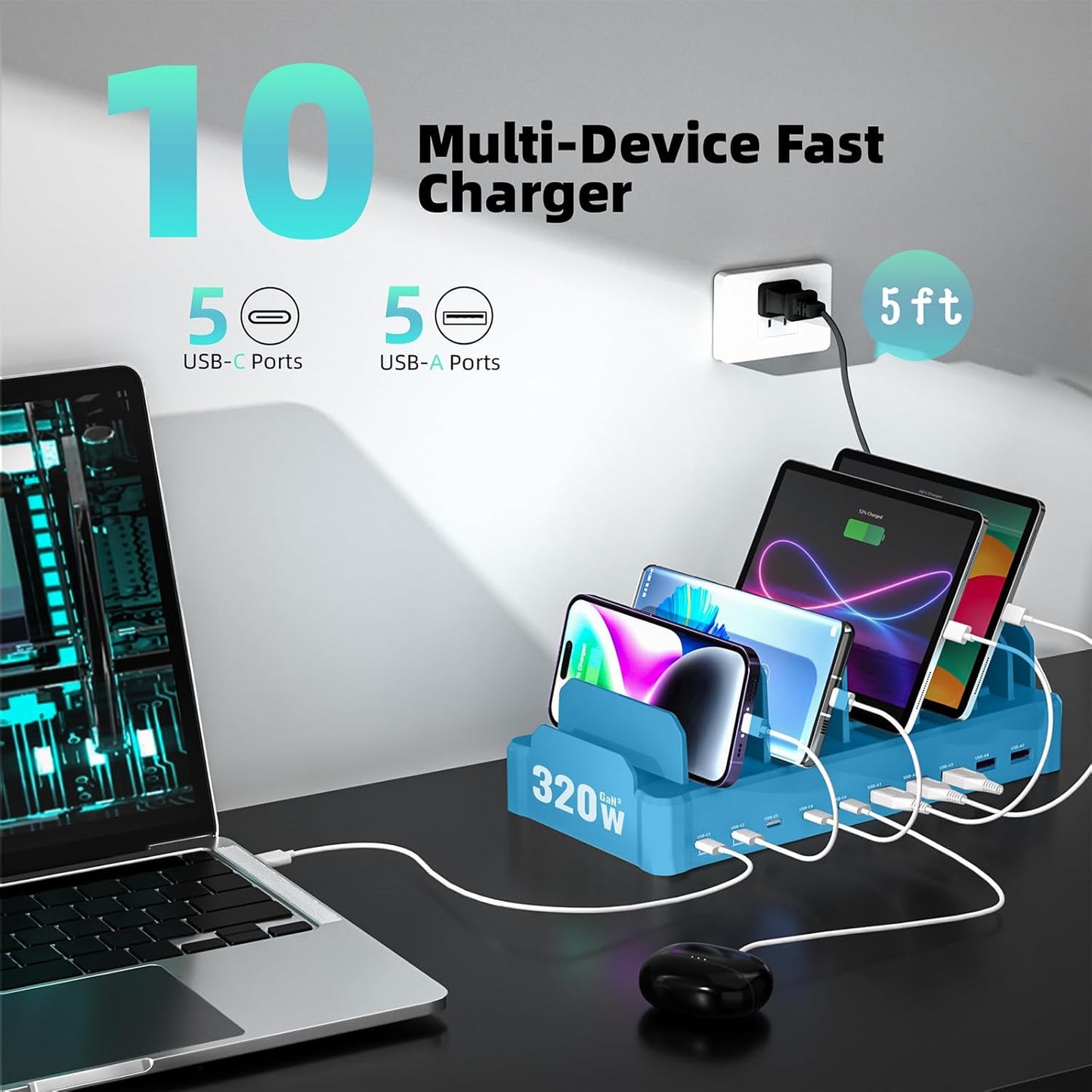 420W Charging Station for Multiple Devices, Zobirez 10-Port USB C Fast Charger Stations for MacBook, iPhone, Android Cell Phone, iPad, Tablet, Family Multi-Device Organizer Charging Dock, Black