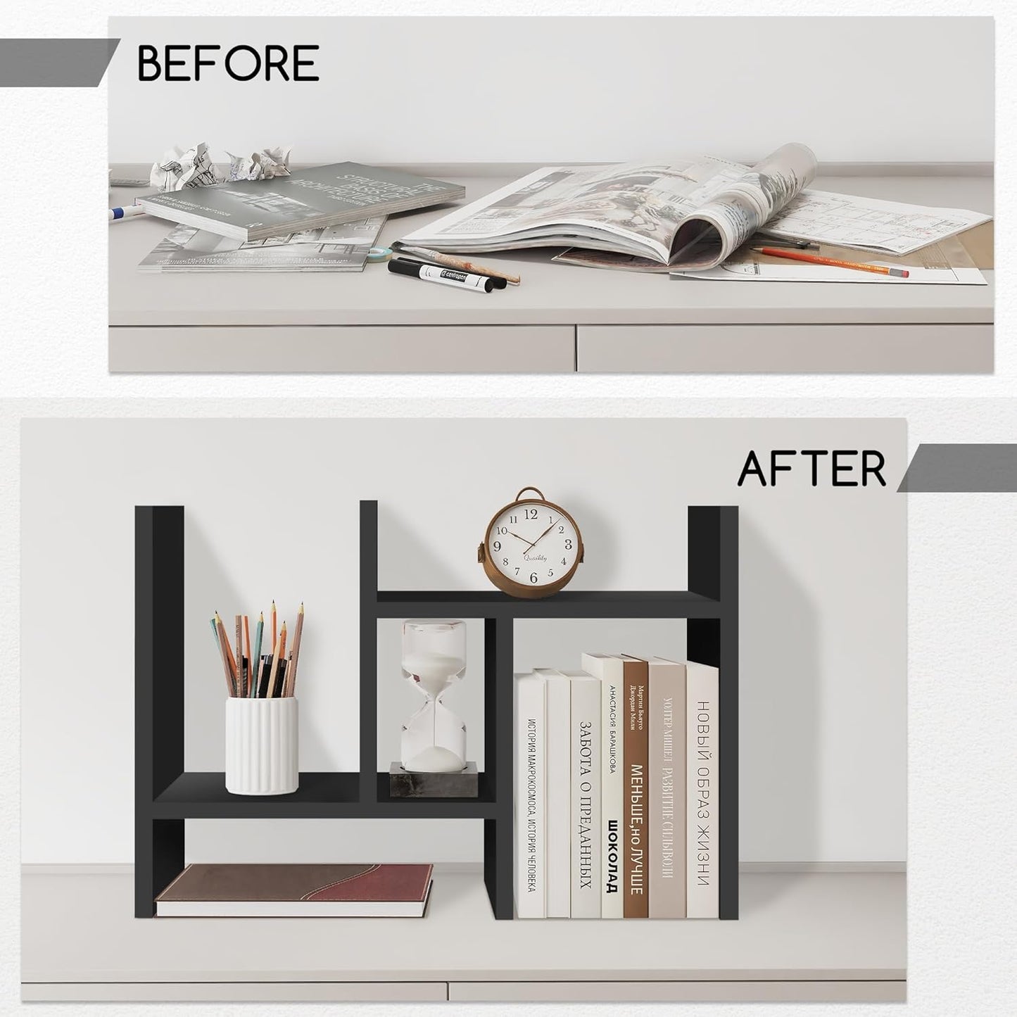 Jerry & Maggie Desktop Organizer Office Storage Rack Adjustable Wood Display Shelf Free Style Double H, Multi-Functional Mini Bookshelf for Desk Natural Stand (Natural Wood Tone)