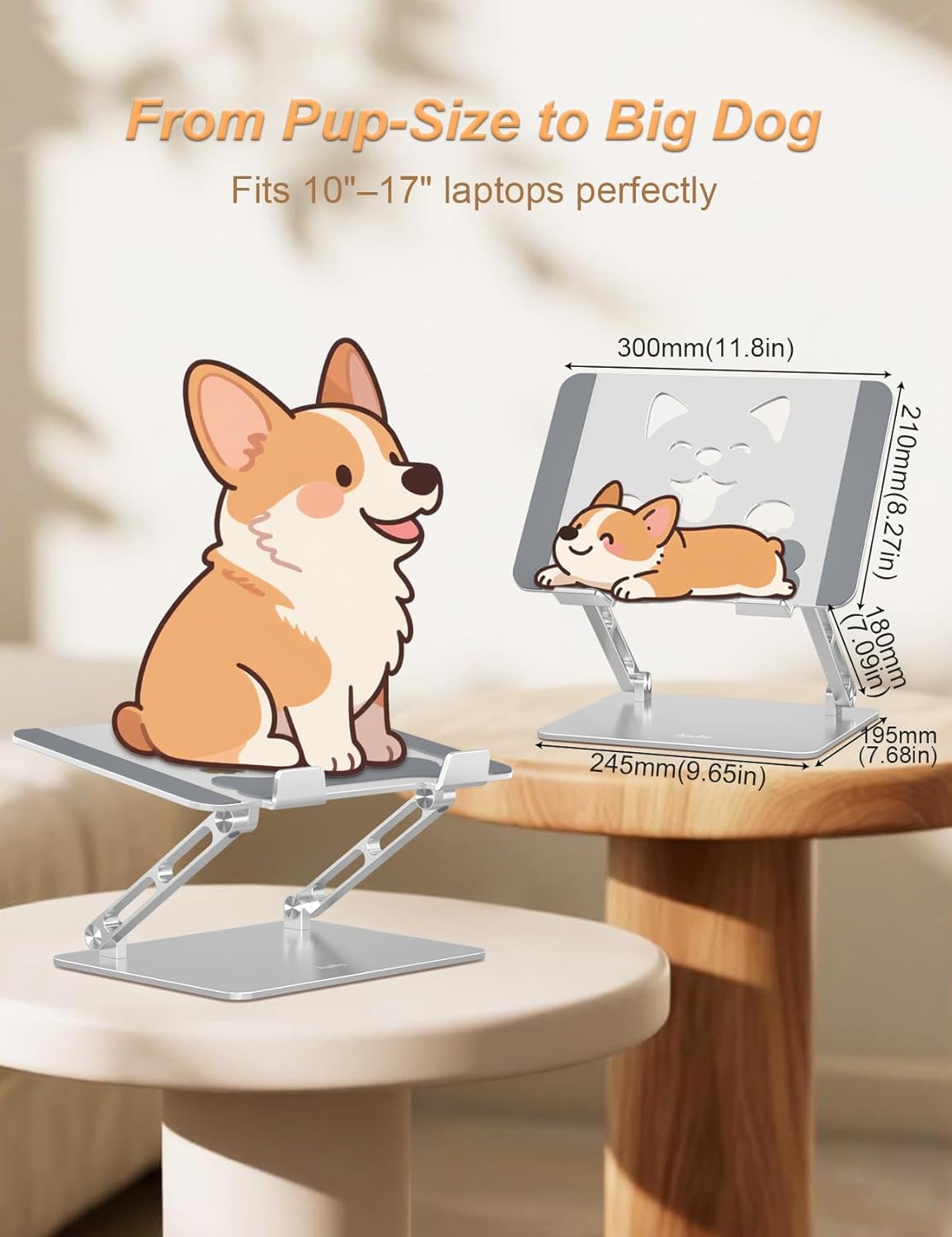 Aoviho Laptop Stand for Desk-Adjustable, Foldable, Portable, Ergonomic Aluminum Notebook Riser with Unique Puppy Cooling Vent, Desk Gift for 10"-17.3" Devices Mac, Dell, HP, Lenovo, Samsung, Gray