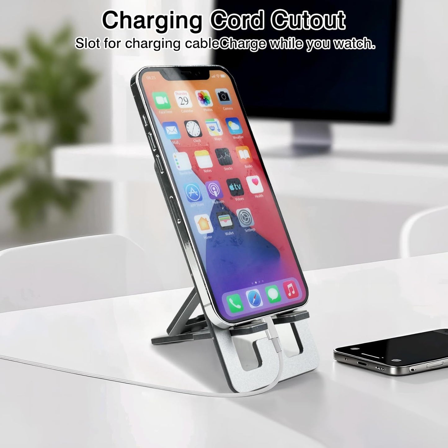 Foldable Aluminum Phone Stand – Adjustable Desk Holder for Travel & Office, Compatible with iPhone 16-13 Pro Max, Samsung S24-S8, Kindle – Gray