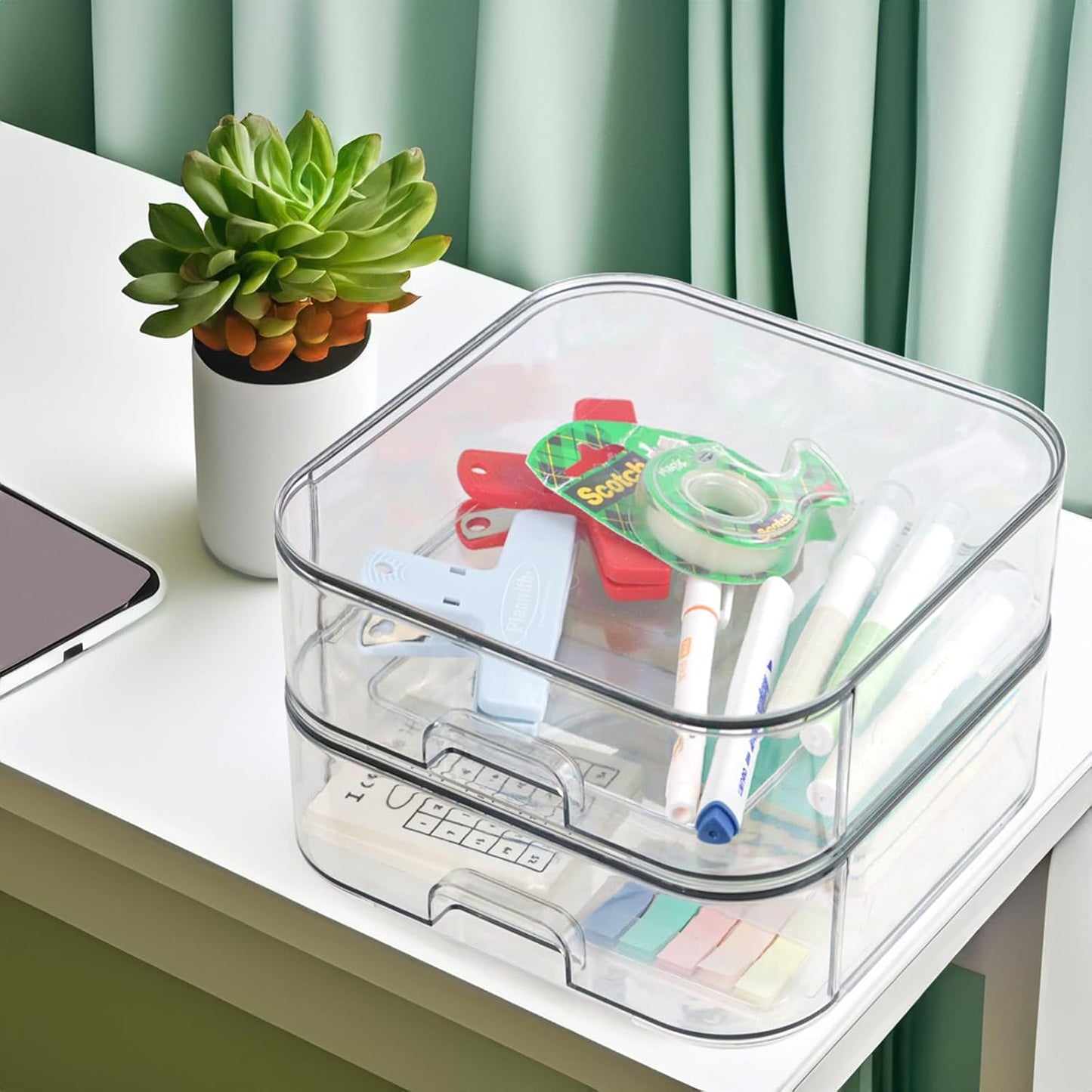 Set of 2 Stackable Storage Drawers - 6.7" Clear Plastic Drawer Storage, Acrylic Makeup Organizer, Desk Counter Cabinet Office Organizer, Bathroom Organizers and Storage (Modern/Set of 2)