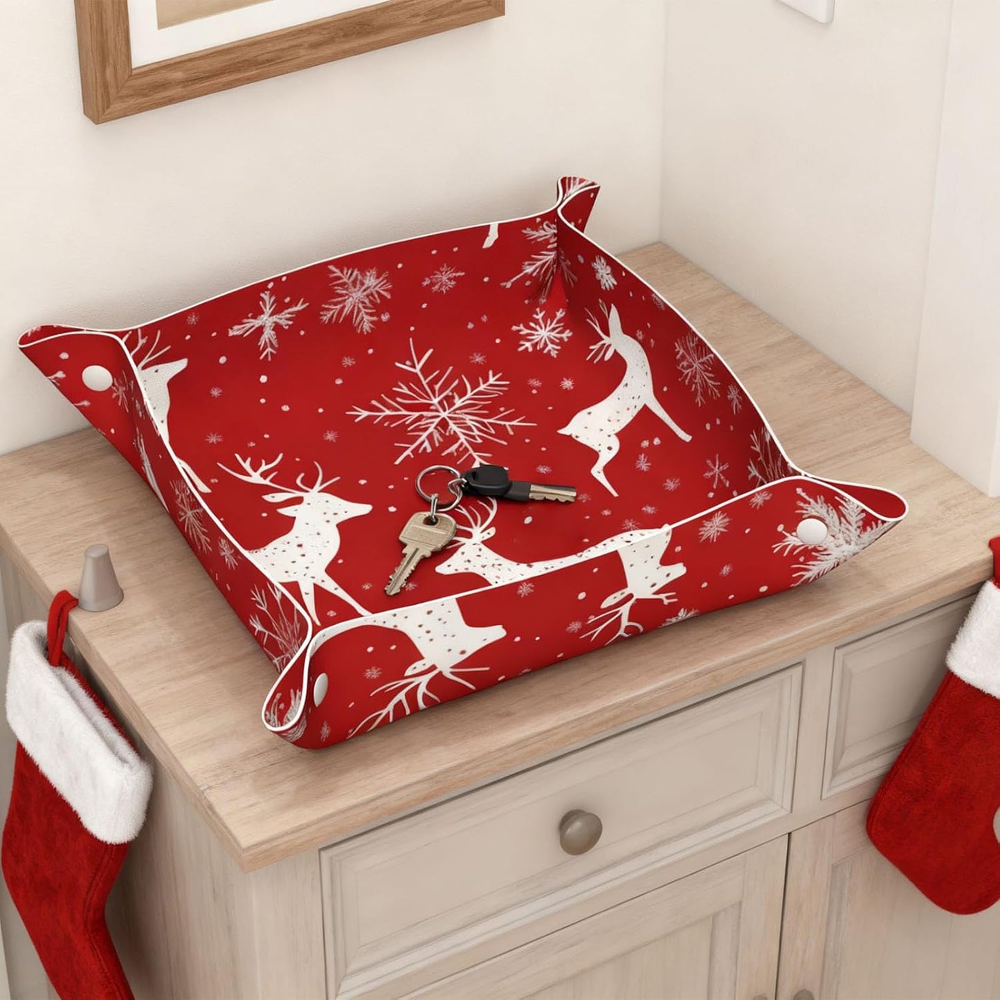 Tray Leather Valet Tray Forest Tree Reindeer Catchall Trays Key Organizer Night Stand Organizer Bedside Vanity Trays Decor for Entryway Table