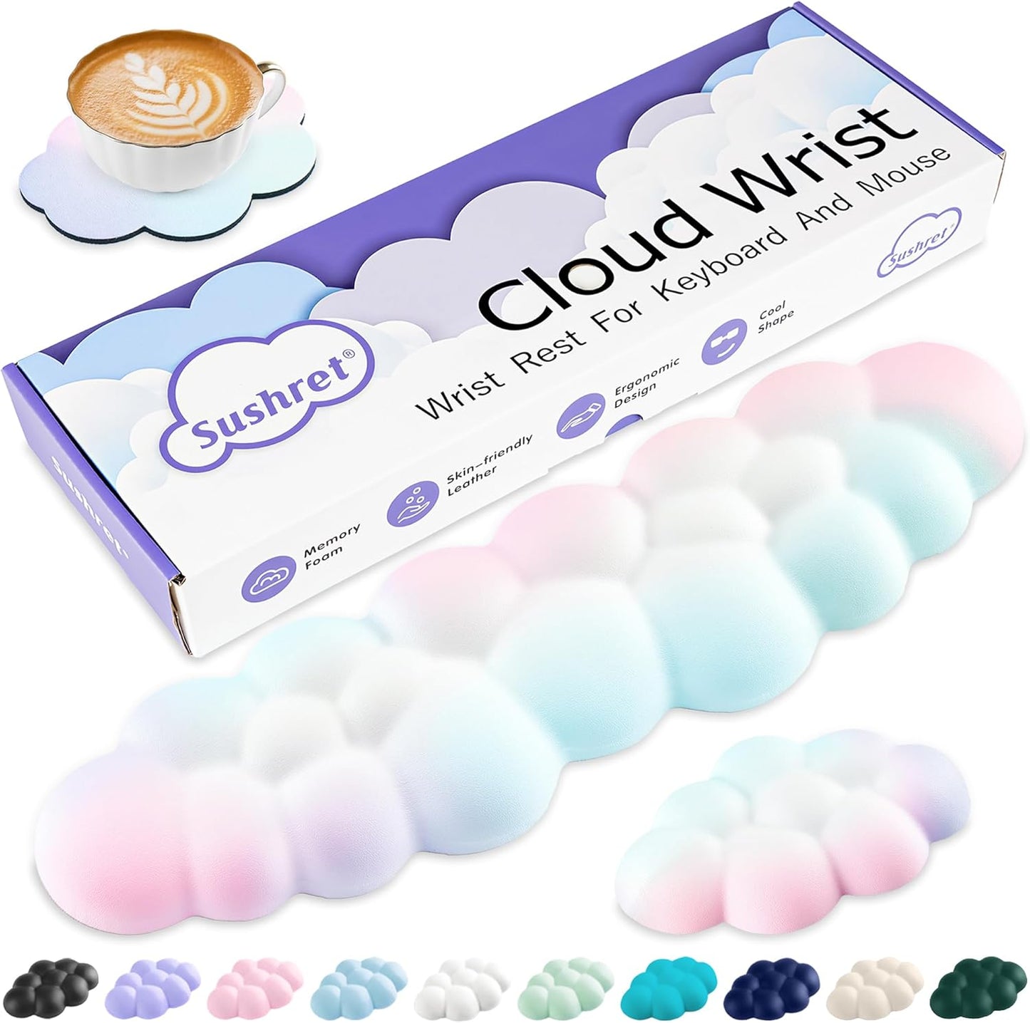 Sushret Cloud Wrist Rest Keyboard, Cloud Keyboard Wrist Pad Set with PU Leather Memory Foam, Cute Arm Rest for Palm Support, PC/Gaming Desk Accessories/Office Setup/Computer Hand Cushion - White