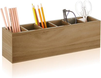 Jetec Wooden Pencil Holder 5 Compartments for Desk Adjustable Pen Holder Wood Office Desk Organizers and Accessories Makeup Brush Organizer for Pen, Home, Office and Art Supplies (White)