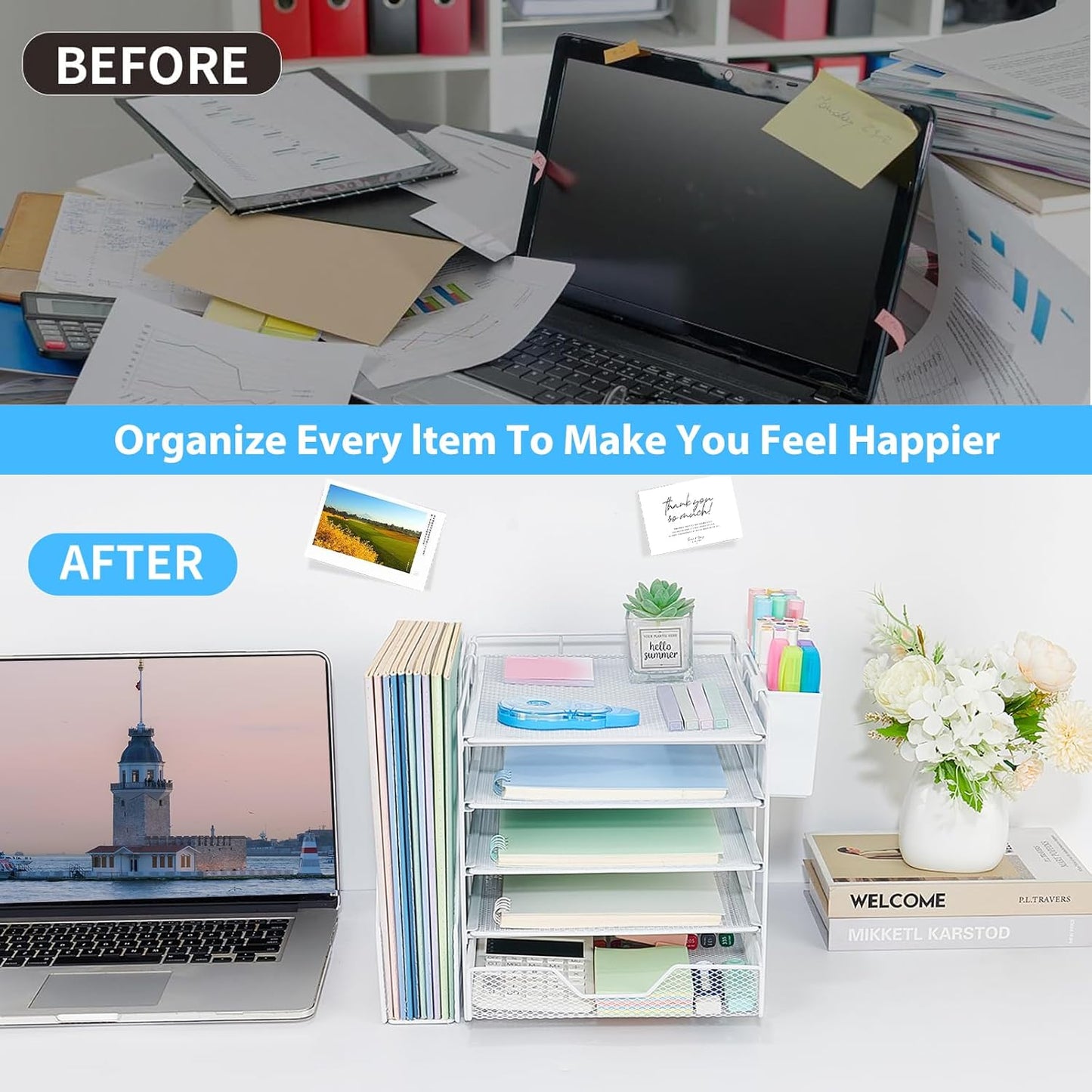 Desk Organizer, 5-Tier Paper Letter Tray Organizer with File Holder, Drawer and Pen Holder, Desktop Organizer for Office Supplies, Black
