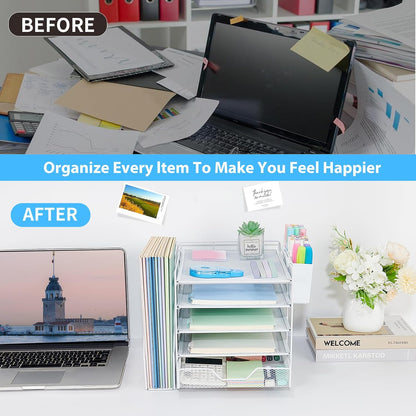 Desk Organizer, 5-Tier Paper Letter Tray Organizer with File Holder, Drawer and Pen Holder, Desktop Organizer for Office Supplies, Black