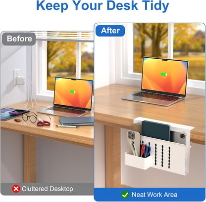 HAMOPY Desk Side Storage, Single-Layer Steel Hanging Desk Organizer with Magnetic Pen Holder, No Drilling Desk Drawer Cable Management Tray, Under Desk Laptop Holder for Office, School&Home(White)