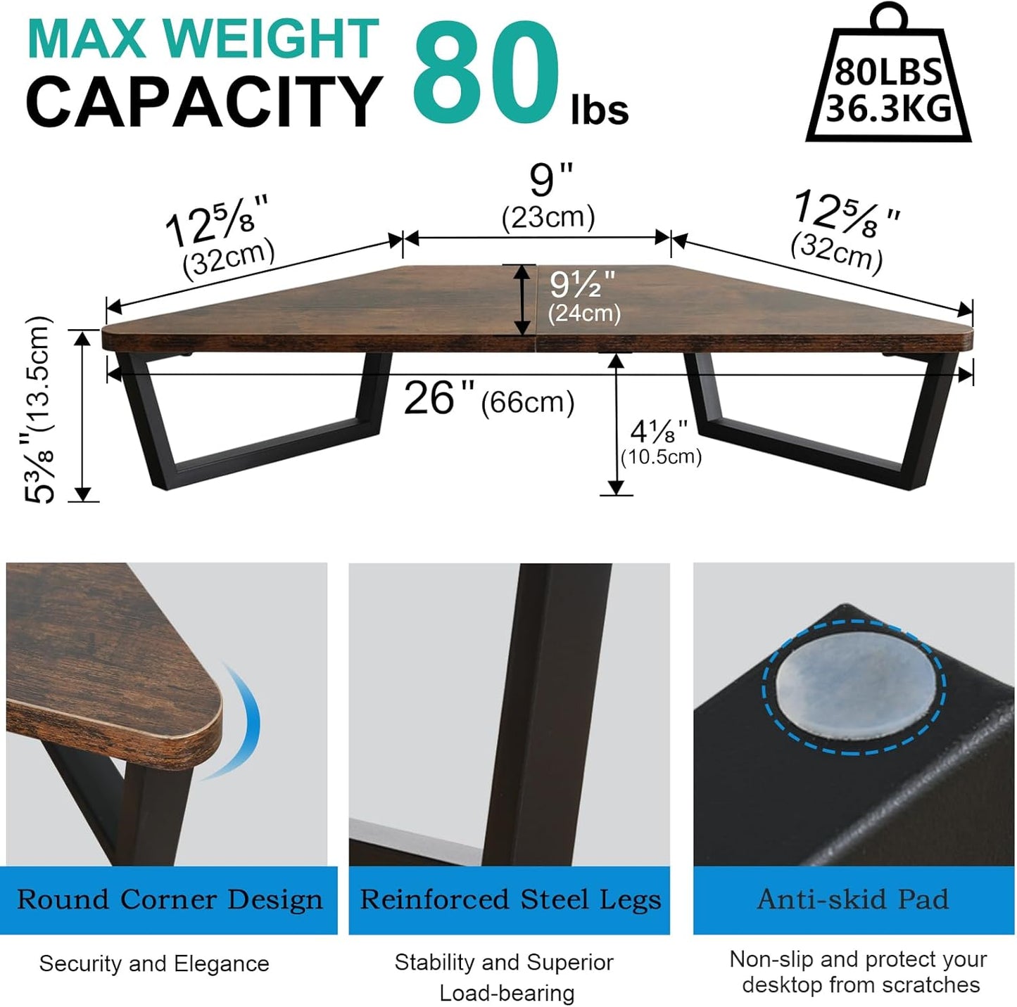 TEAMIX 26 inch Triangle Monitor Stand Riser, Desktop Corner Shelf with Metal Leg Wood Computer Stand with Storage Laptop Riser Office Organization