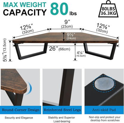 TEAMIX 26 inch Triangle Monitor Stand Riser, Desktop Corner Shelf with Metal Leg Wood Computer Stand with Storage Laptop Riser Office Organization