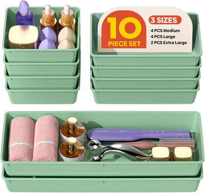 10 Pack Large Size Plastic Drawer Organizers Set, 3 Sizes Desk Drawer Organizer Trays, Storage Bins for Vanity, Makeup, Bathroom, Kitchen Utensils and Office (Black)