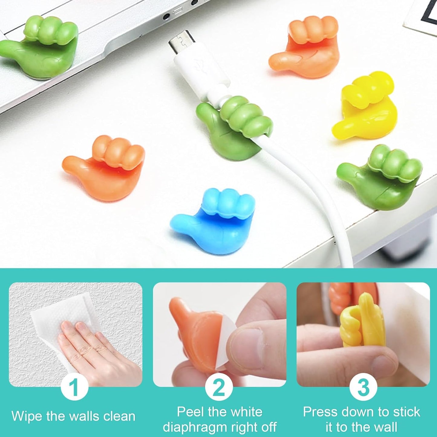 40 Pcs Creative Thumbs Up Wall Hooks, Self-Adhesive Silicone Thumb Holders, Multi-Function Cord Holder Clips for Desk Wall Nightstand, Wire Organizer for Charging Cables Keys,Pencils