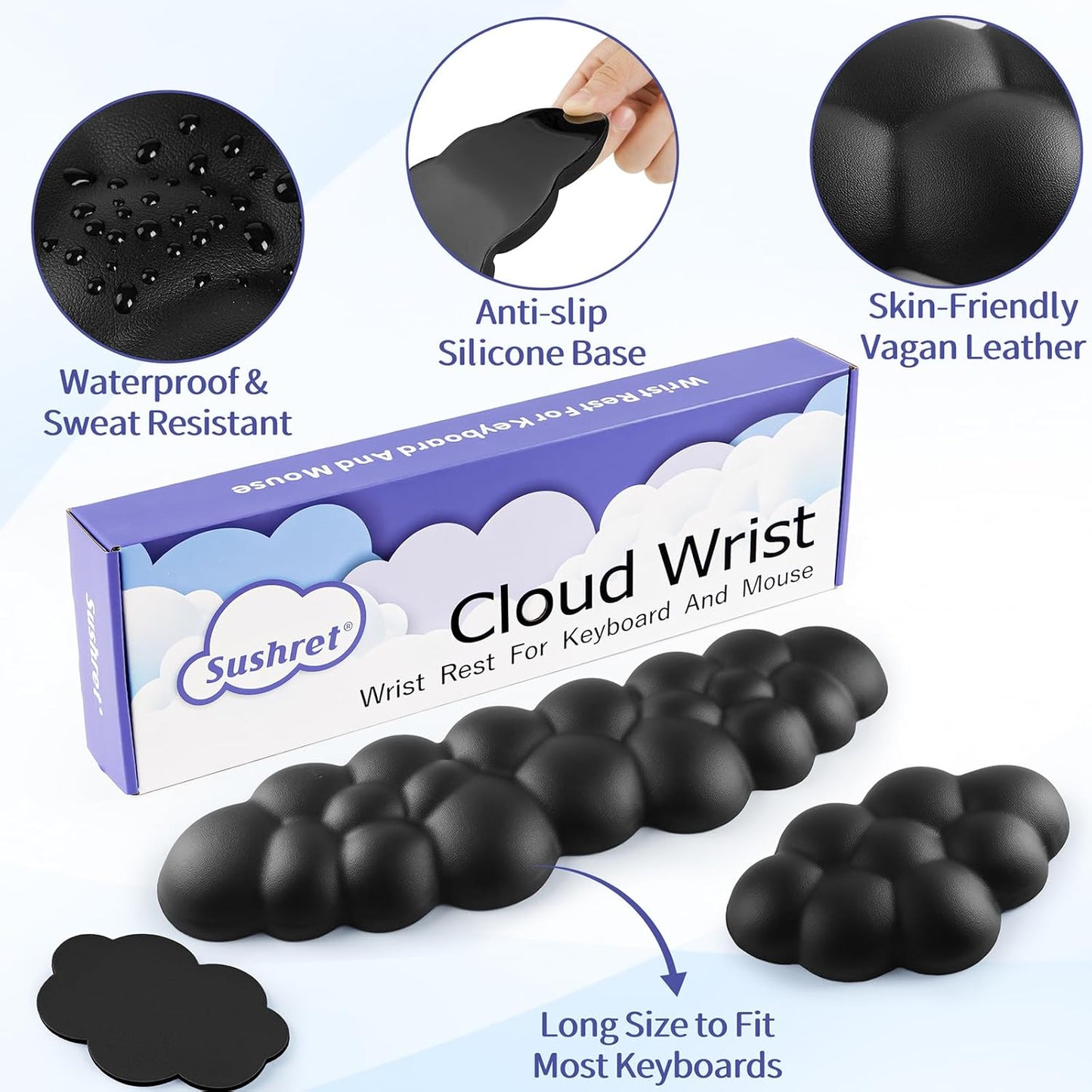 Sushret Cloud Wrist Rest Keyboard, Cloud Keyboard Wrist Pad Set with PU Leather Memory Foam, Cute Arm Rest for Palm Support, PC/Gaming Desk Accessories/Office Setup/Computer Hand Cushion - White