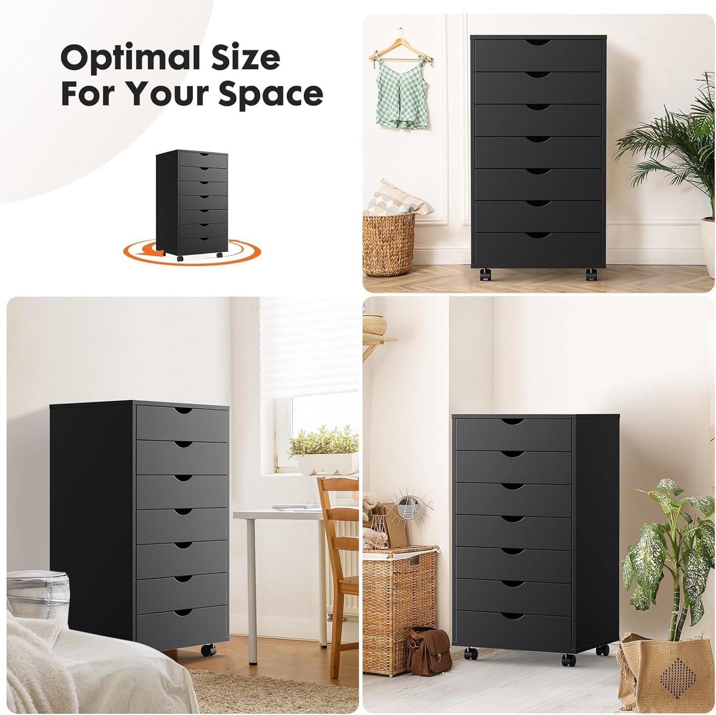 OLIXIS 7 Drawer Mobile File Cabinet Under Desk Storage Organization with Wheels Vertical Filing Chest Rolling Wood Small Desk Printer Stand for Home Office, 15.75"D x 18.74"W x 34.25"H, Black