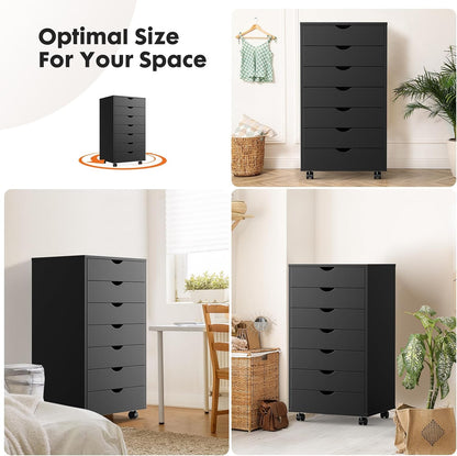 OLIXIS 7 Drawer Mobile File Cabinet Under Desk Storage Organization with Wheels Vertical Filing Chest Rolling Wood Small Desk Printer Stand for Home Office, 15.75"D x 18.74"W x 34.25"H, Black