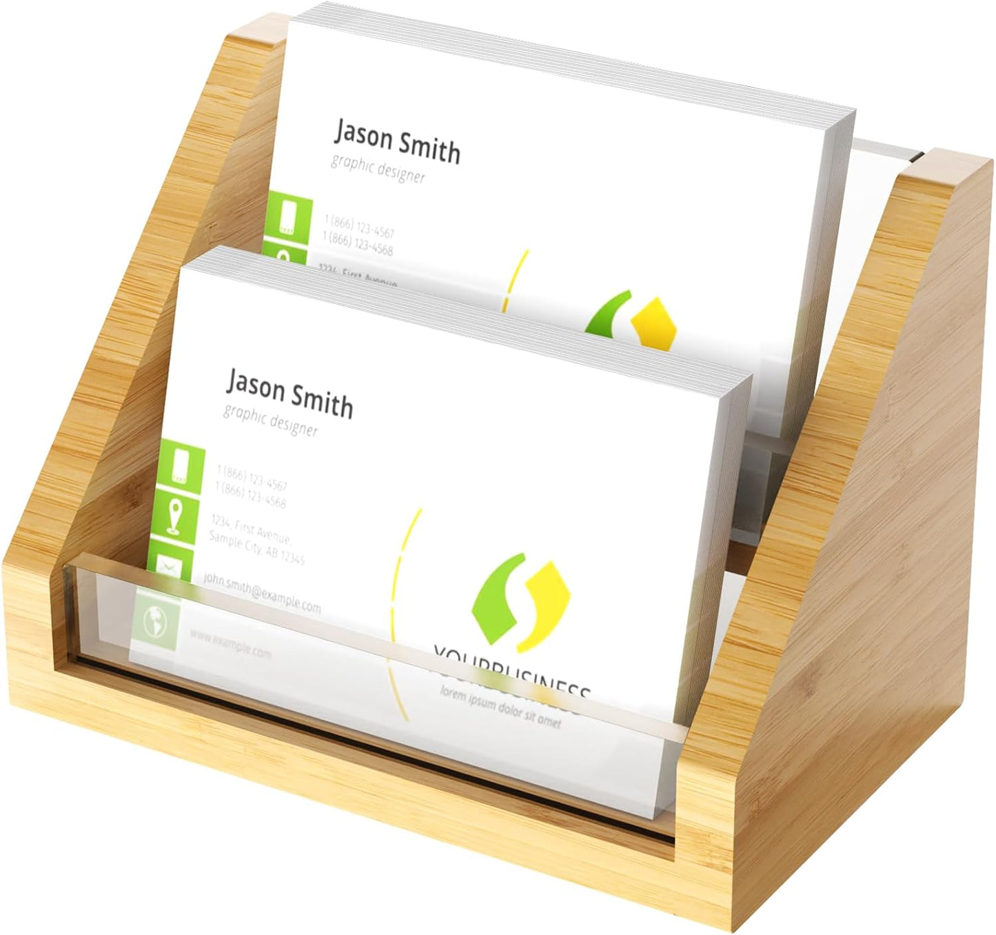 Sleek Bamboo Acrylic Business Card Holder for Reception, Office Desk, Meetings, Trade Shows, Home Office, Versatile Use Professional Display, Natural Modern Blend Elegant Organizer (3 Tiers)