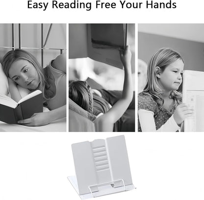 Azheeujy Metal Book Stand Folding Reading Book Holder with 6 Adjustable Angles and Paper Page Clip,Sturdy Desktop Book Holder for Cookbook,Magazine,Textbooks,Document,Music Book,Laptop,Tablet (Black)