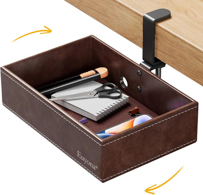 PU Leather Under Desk Organizer with 360° Rotating Clamp – for Computer Accessories, Stationery, Remote Control & Phone Storage, Black