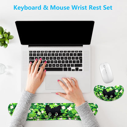 Dapesuom Enlarge Keyboard Wrist Rest, Memory Foam Wrist Cushion for Desk Mats Support, Cute Pain Relief Keyboard Mouse Pad Rests Set with Non-Slip Base for Gaming Laptop Office Computer, Green Leaf