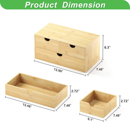 Bamboo Desk Organizer with Drawers - Small Desktop Storage Container for Countertop & Tabletop - No Assembly Required