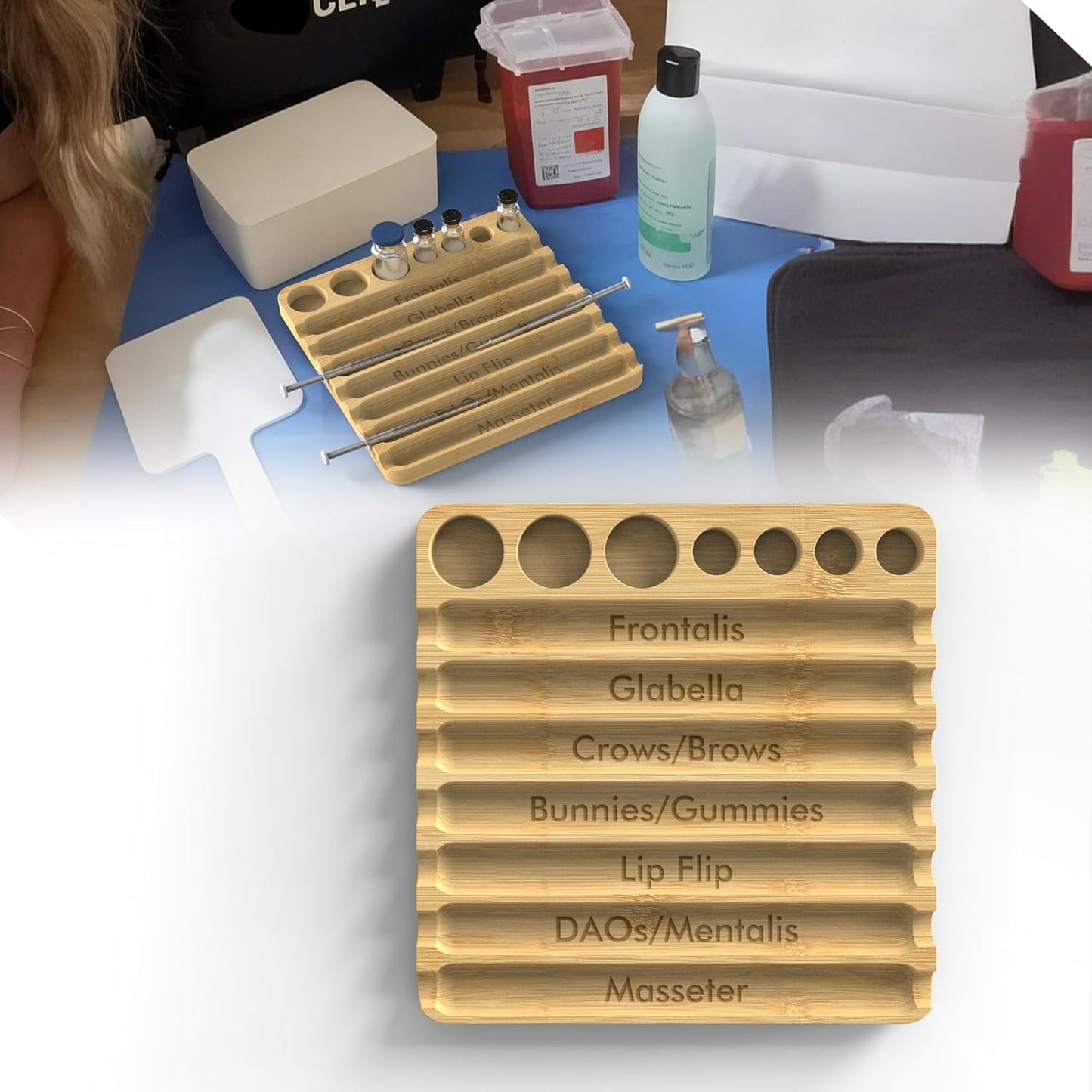 Aesthetic Practitioner Syringe Tray with Vial Holder, Bamboo Vial Holder Syringe Tray for 2-in-1 Combination, Syringe Storage Organizer for Aesthetic Practitioners and Small Vial Racks