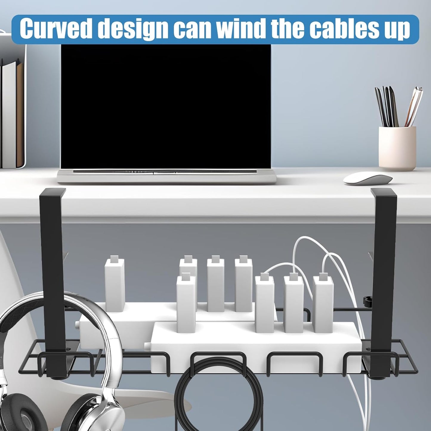 Under Desk Cable Management Tray, No Drill Steel Cord Organizer Kit with 52Pcs Different Essential Accessories for Home Office Standing Desk (13.4inch, Black)