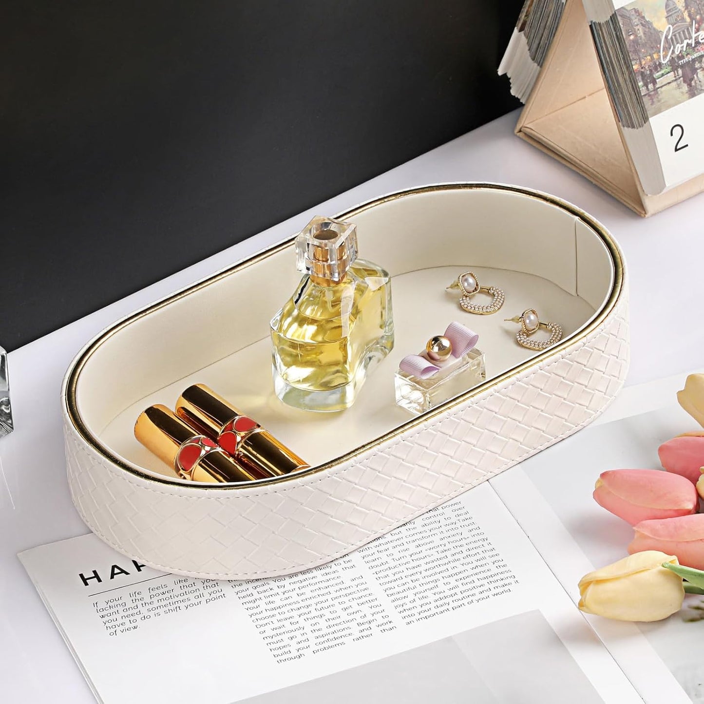Hipiwe Perfume Trays PU Leather Vanity Tray for Dresser Bathroom Valet Trays Oval Desk Tray Jewelry Dish Holder Decorative Catchall Trays Nightstand Organizer, Beige