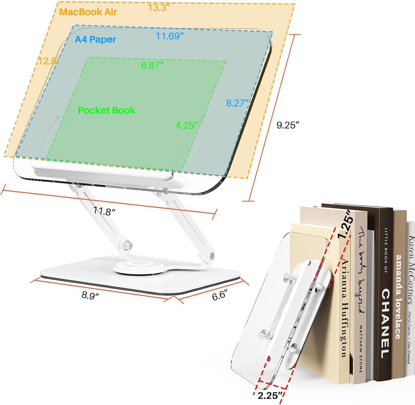 BYMECOST Acrylic Book Stand for Reading, Adjustable Book Holder with 360° Rotating Base & Elastic Page Clips, Foldable Desktop Riser Stand for Cookbook,Laptop,Tablet,Music Scores,Recipe,Textbook