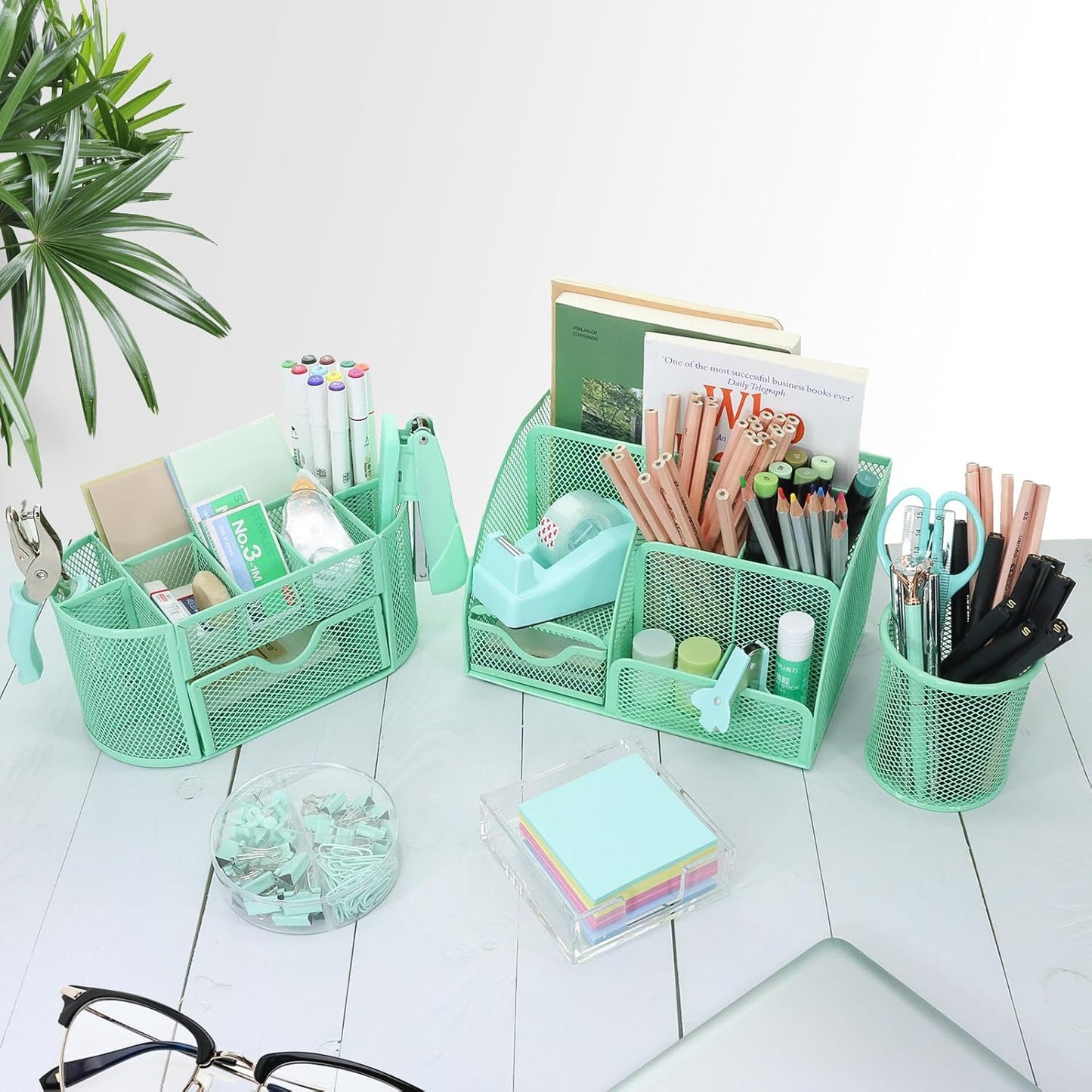 17 in1 Silvery Desk Organizers and Accessories Set, 3 Office Desk Supplies Storage Organization, 4 Pens, Stapler, Staples & Remover, Tape & Dispenser, Scissors, Ruler, Clips, Hole Punch Back to School