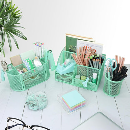 17 in1 Silvery Desk Organizers and Accessories Set, 3 Office Desk Supplies Storage Organization, 4 Pens, Stapler, Staples & Remover, Tape & Dispenser, Scissors, Ruler, Clips, Hole Punch Back to School