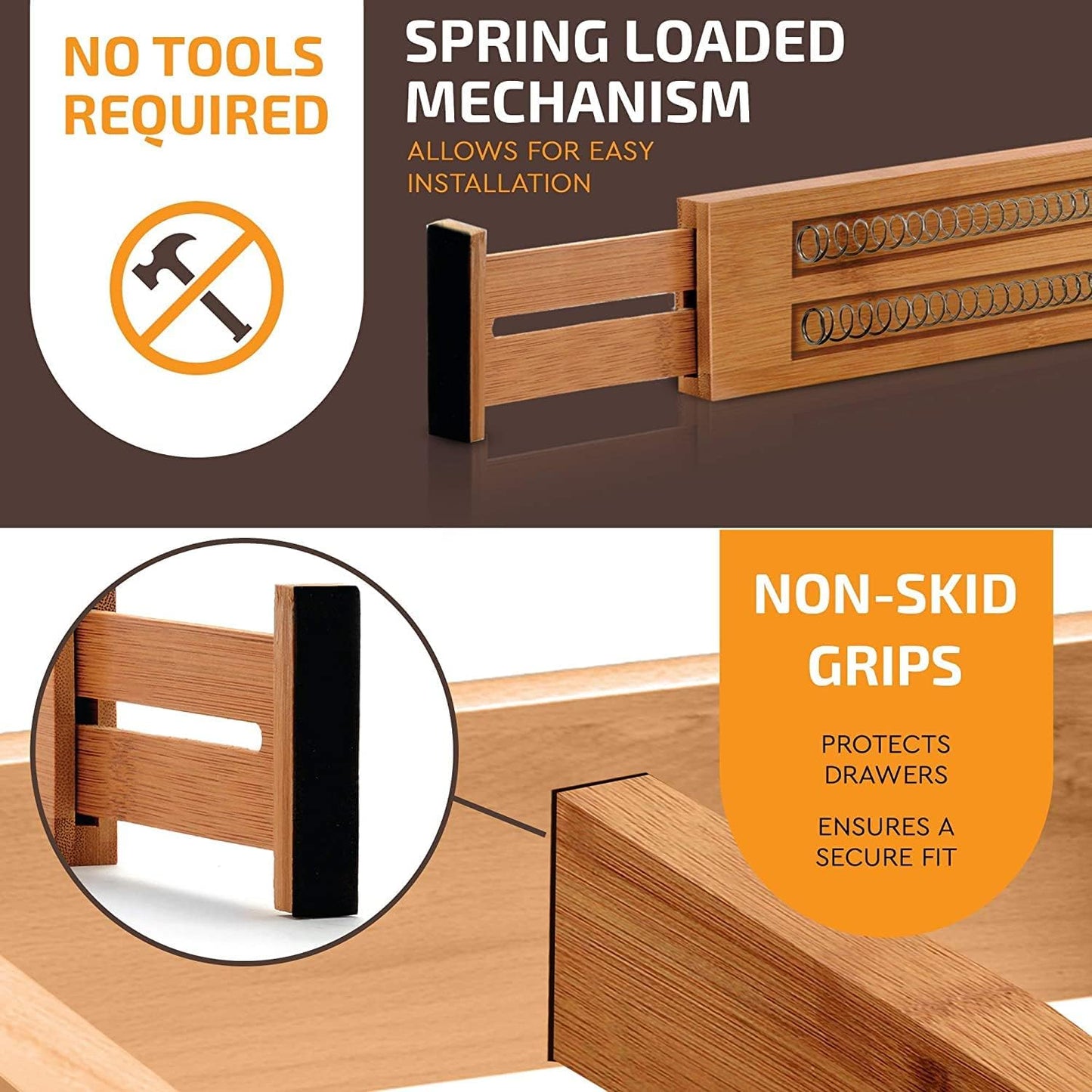 6-Pack Drawer Dividers - 2.6 Inches High, Adjustable 16 to 22 Inches Bamboo Drawer Organizer, Large Expandable Separator for Clothes, Dresser, Bedroom, Bathroom, Baby, Office, Kitchen Utensils, Black