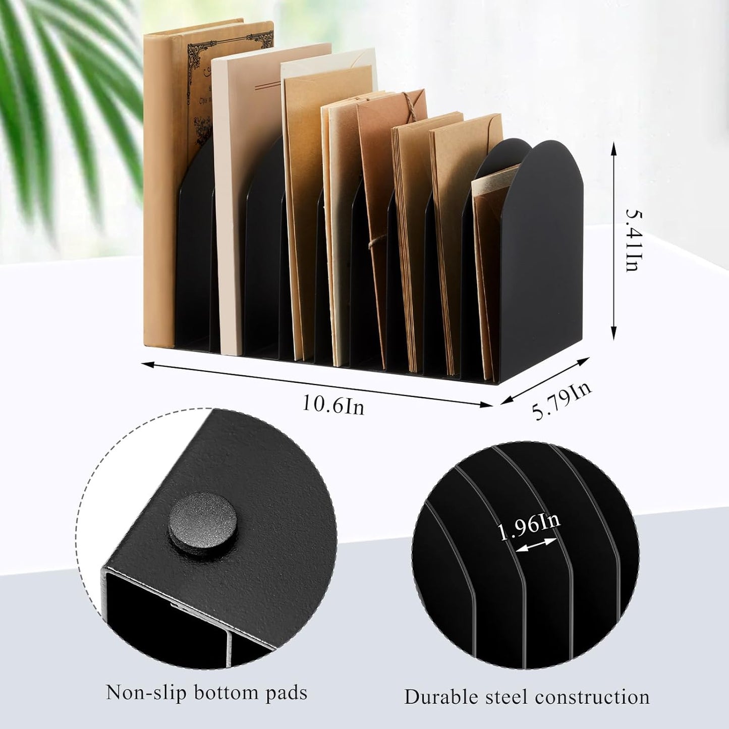 Suzile Metal Desktop File Organizer, 15 Compartments, Vertical File Sorter, Black, 5.79 W x 15.75 L x 5.41 H, Office, Reception Areas, Workspace