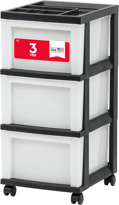 IRIS USA Plastic Drawer Storage Organizer Rolling Cart, with Wheels Casters, 4-Drawers, for Classroom Art Craft Supplies Dresser Closet Bathroom Laundry Room, Black/Pearl