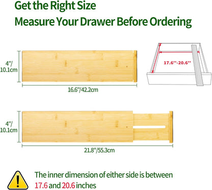 VaeFae Adjustable Bamboo Drawer Dividers, Expandable Drawer Organizer for Kitchen, Bedroom, Bathroom, Dresser and Office, 6-Pack