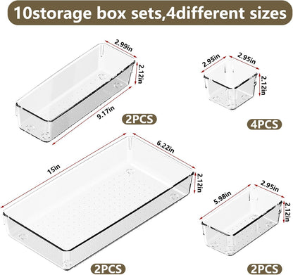 21 PCS Clear Plastic Drawer Organizer Set with 15 Inch Extra Long Bins, 5 Sizes Acrylic Makeup Organizer and Storage Trays, Non Slip Dividers for Vanity, Kitchen and Office