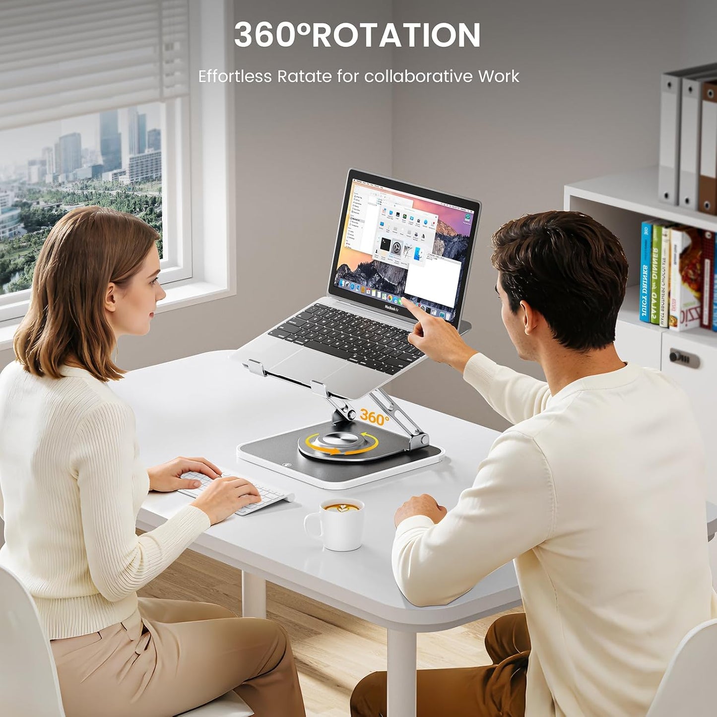 JOYEKY Laptop Stand for Desk, Adjustable Computer Stand with 360° Rotating Base, Ergonomic Laptop Riser for Collaborative Work, Foldable & Portable Laptop Stand, fits for All 10-16" Laptops (Grey)