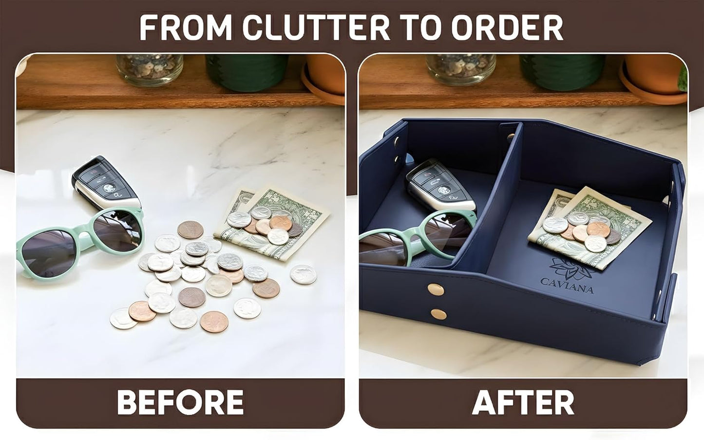 Valet Tray Organizer for Men & Women - PU Leather Catch All Tray with Removable Divider - EDC Storage for Keys, Watch, Phone - Nightstand, Dresser & Desk Organizer - Pacific Navy
