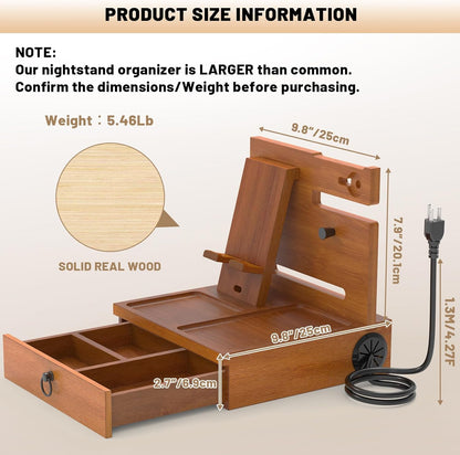 Wood Phone Docking Station with USB Ports and Outlets, Nightstand Organizer with Charging Station, Bedside Organizer with Drawer for Watch & Accessories, Christmas Anniversary Birthday Gifts for Men